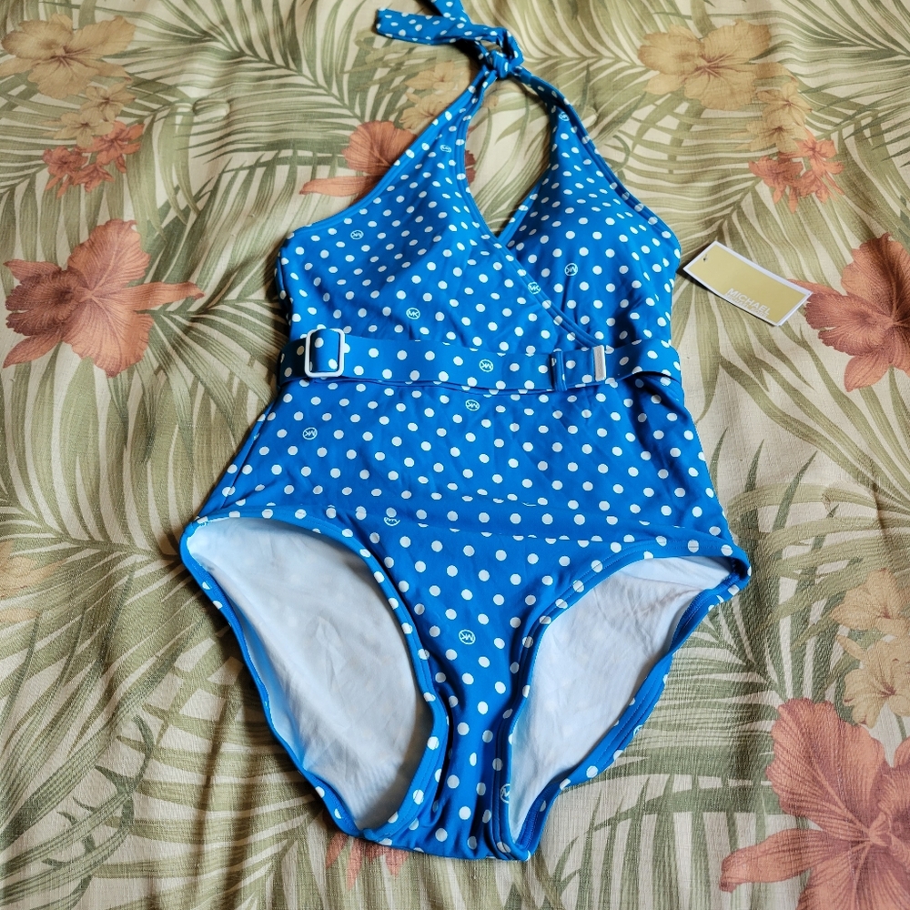Michael Kors Polka Dot One Piece Swimwear Belt Halter Cyan Blue White 10 - Picture 2 of 13